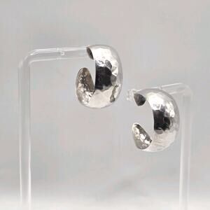 Sterling Silver 925 Wide Hammered 1" Half Hoop Pierced Earrings 7g